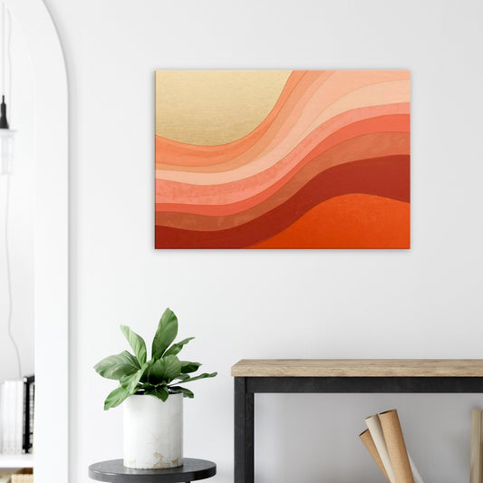 Warm amber and coral abstract canvas art with waves rising in layered sunset-inspired gradients.