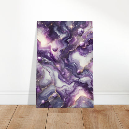 Amethyst purple marble wall art with lavender and silver veining and a polished finish for a regal, gemstone-inspired look.
