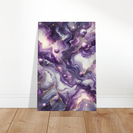 Amethyst purple marble wall art with lavender and silver veining and a polished finish for a regal, gemstone-inspired look.