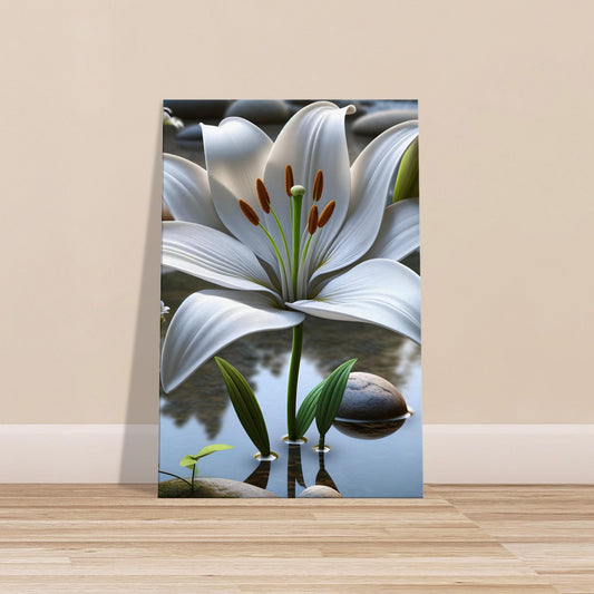 White lily flower with green leaves over river stones and water, symbolizing peace and renewal