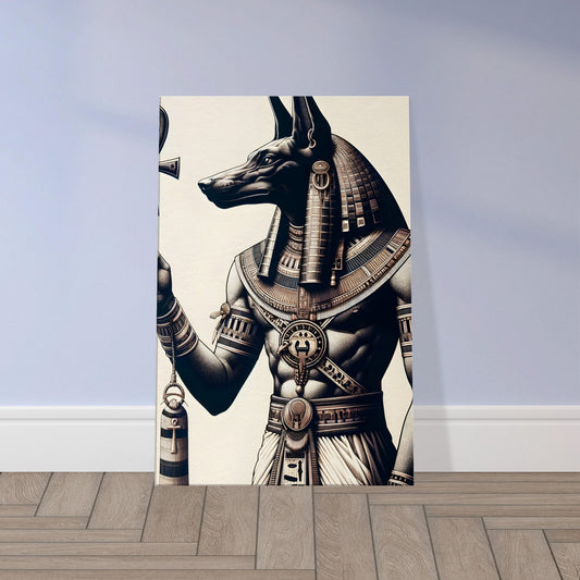Egyptian god Anubis with jackal head, wearing ceremonial armor and holding an ankh, rendered in detailed metallic tones.