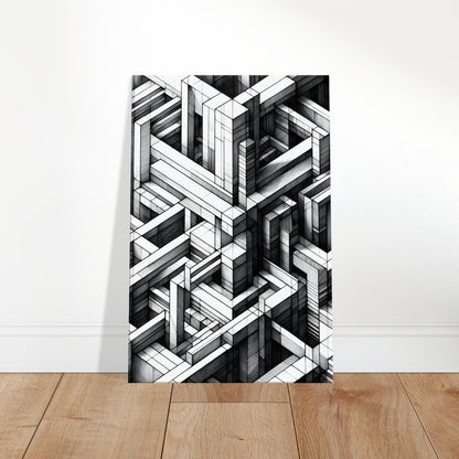 Abstract black and white geometric wall art with sharp intersecting lines and angular shapes forming a maze-like structure.