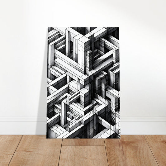 Abstract black and white geometric wall art with sharp intersecting lines and angular shapes forming a maze-like structure.