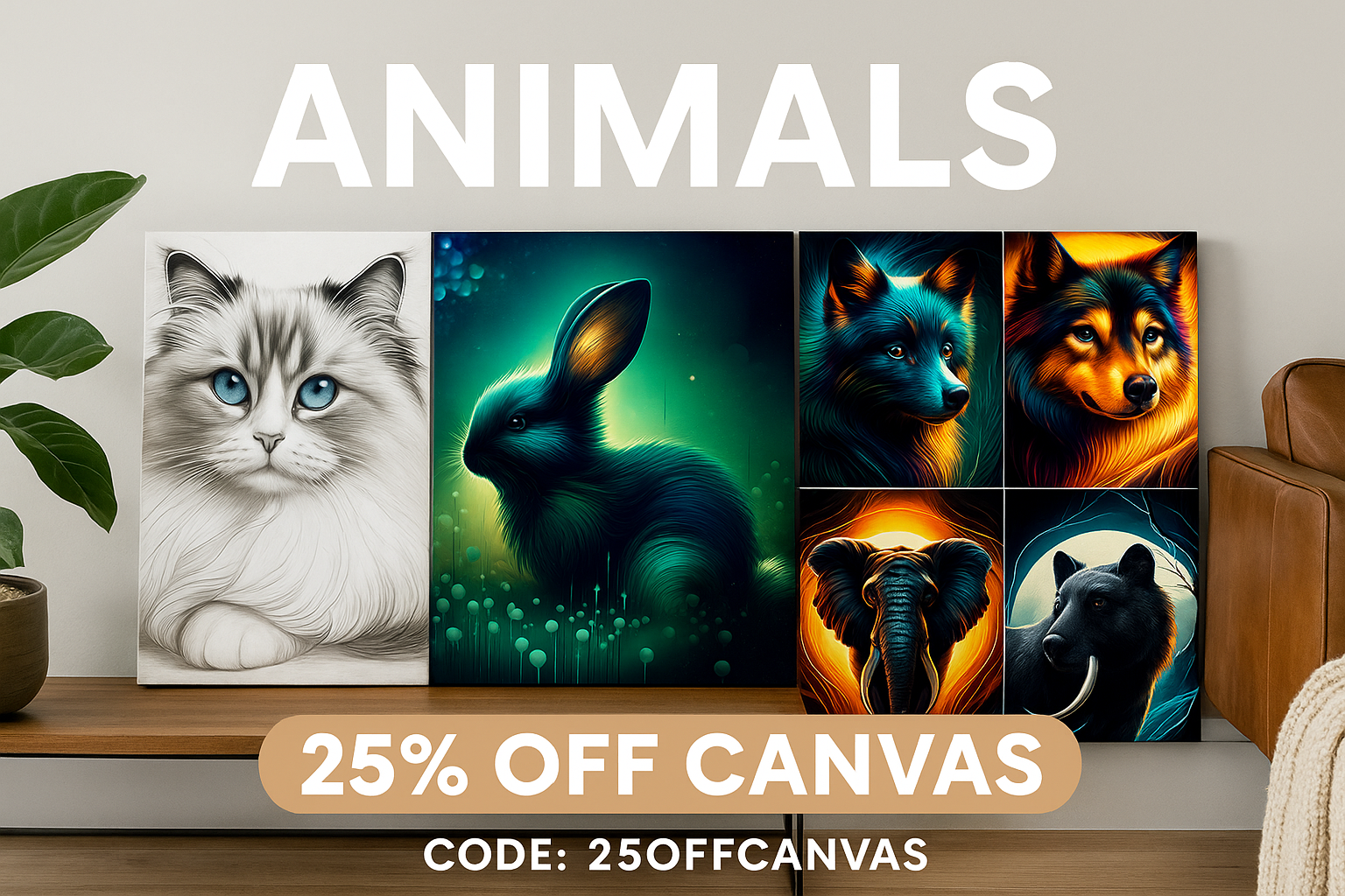 A promotional digital image showcases four animal-themed canvas artworks: a detailed grayscale sketch of a blue-eyed ragdoll cat, a neon-styled bunny in a glowing forest scene, a vibrant pop-art portrait of a Border Collie surrounded by splashes of color, and a bold collage featuring a tiger, wolf, elephant, and bear in high-contrast fire and ice tones, all set against a clean wooden floor and white wall background in 3:2 landscape orientation with "25% OFF – CODE: 25OFFCANVAS" displayed.