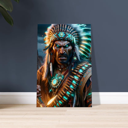 An Apache warrior in traditional attire with glowing turquoise and yellow feathers holds a bow and tomahawk in a desert at dusk.