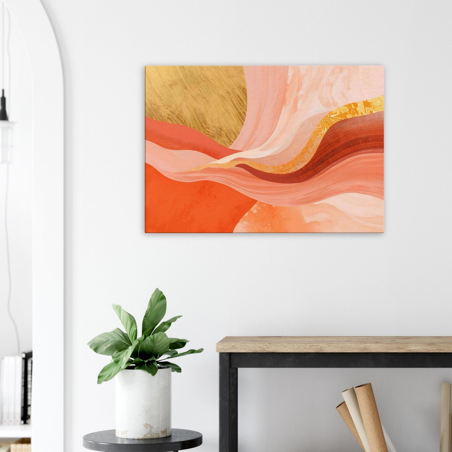 Apricot and gold-toned flowing abstract canvas with gradients resembling a soft cascading sunrise.