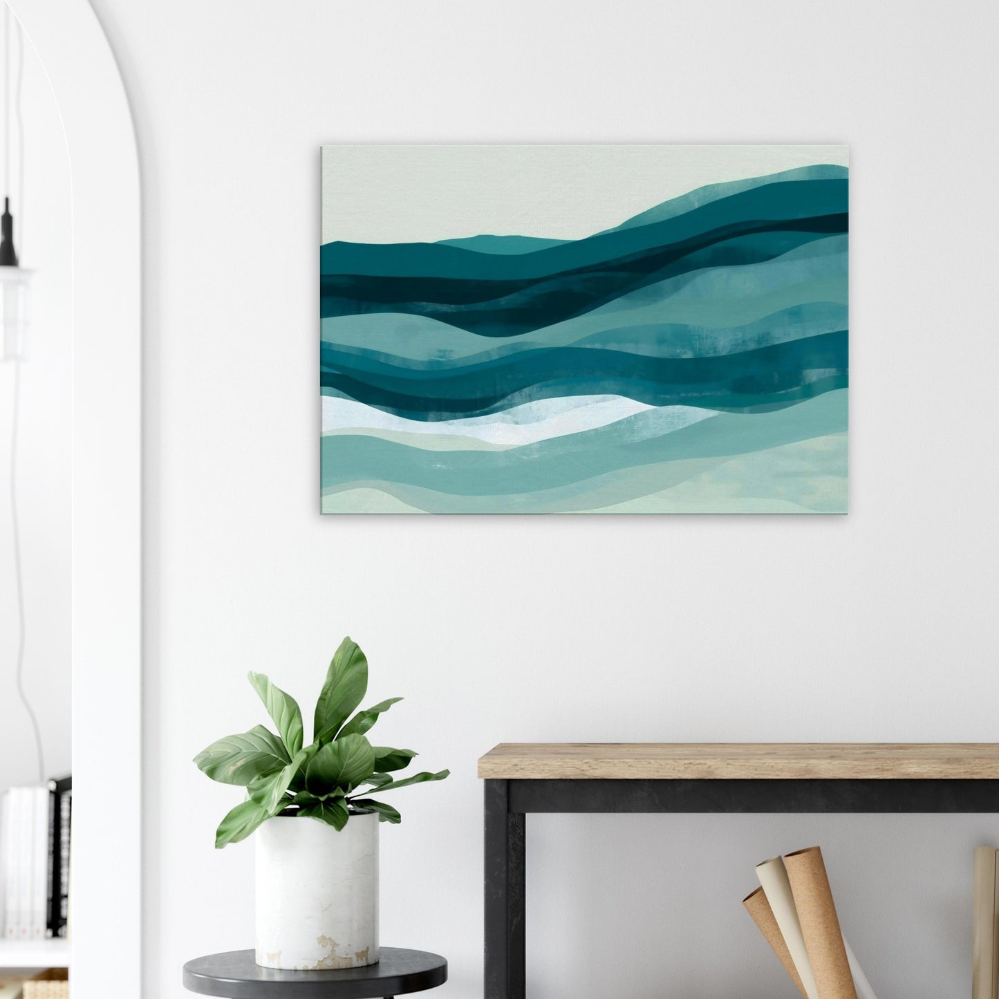 Landscape canvas with horizontal abstract layers of deep teal, turquoise, and pale aqua forming water-inspired textures.