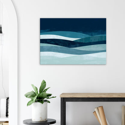 Landscape canvas with horizontal abstract layers of deep azure, teal, and pale aqua forming ocean-inspired textures.