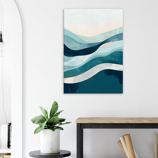 Landscape canvas with horizontal abstract layers of aqua, teal, and pale blue forming water-inspired textures.