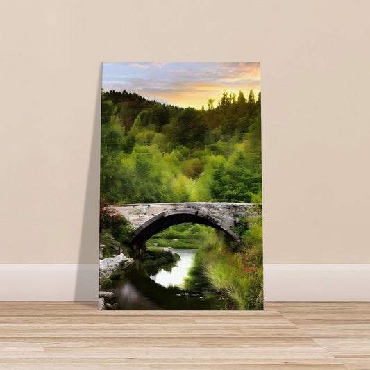 Stone arched bridge over a calm river with sunset light and lush green countryside hills in the background.