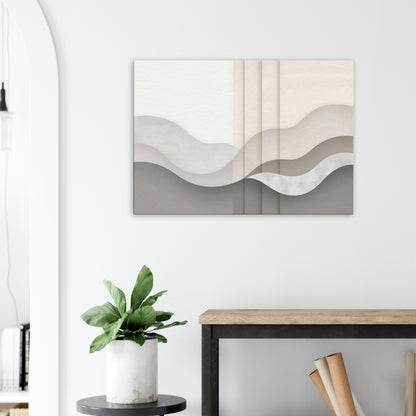 Portrait canvas with soft vertical grey and taupe layers evoking Nordic morning light.