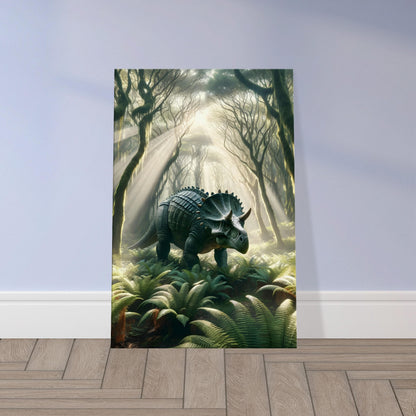 Wall art of an Ankylosaurus walking through a dense fern forest with sunlight casting shadows on its armoured body.