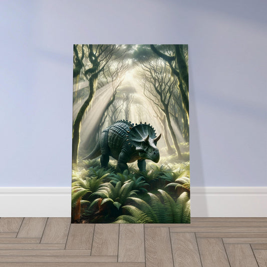 Wall art of an Ankylosaurus walking through a dense fern forest with sunlight casting shadows on its armoured body.