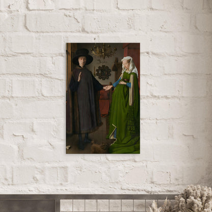Canvas art reproduction of Jan van Eyck’s The Arnolfini Portrait, showcasing detailed Renaissance symbolism with rich textures, reflective surfaces, and fine realism.