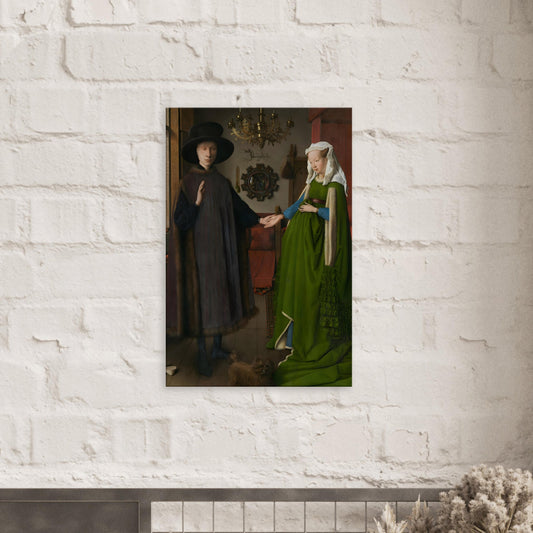 Canvas art reproduction of Jan van Eyck’s The Arnolfini Portrait, showcasing detailed Renaissance symbolism with rich textures, reflective surfaces, and fine realism.