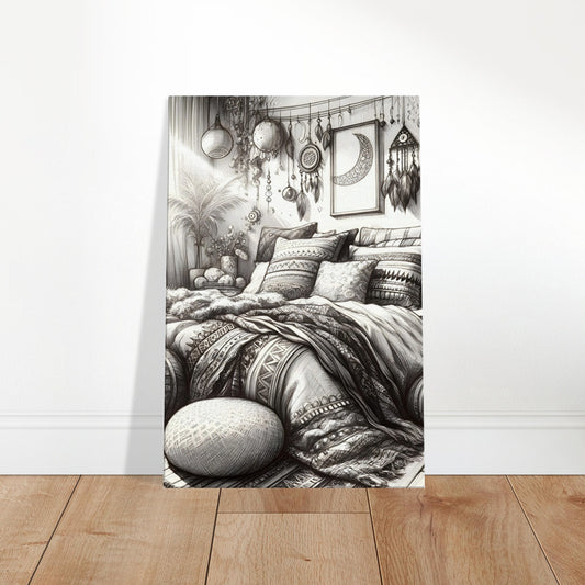 Hand-drawn sketch of a bohemian bedroom with eclectic bedding, decorative pillows, wall hangings, plants, and dreamcatchers.