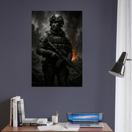 Soldier standing in burning city ruins with embers and smoke rising — gritty, cinematic military wall art in red and black tones.