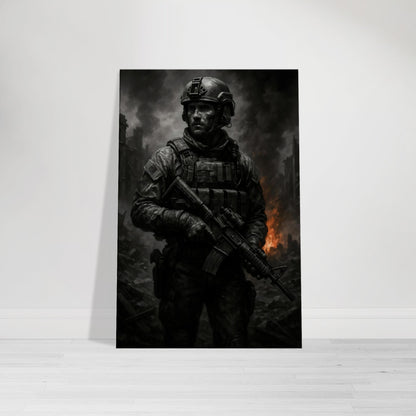 Bold military artwork featuring a lone soldier in a fire-lit battlefield. Gritty, dramatic wall art perfect for gaming rooms or tactical spaces.