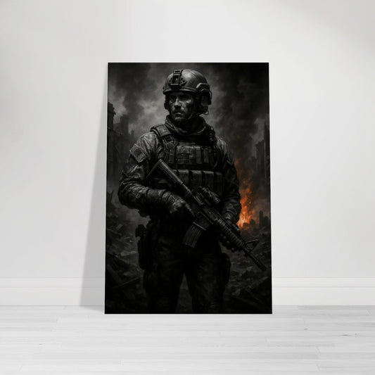 Bold military artwork featuring a lone soldier in a fire-lit battlefield. Gritty, dramatic wall art perfect for gaming rooms or tactical spaces.
