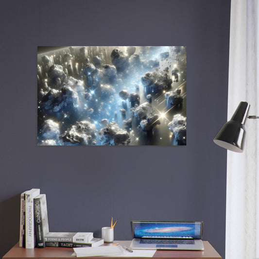 Metal poster depicting a shimmering silver and blue asteroid belt with detailed textures and radiant lighting.