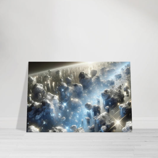 Canvas artwork showing a silver and blue asteroid belt with shimmering light and textured celestial stones.