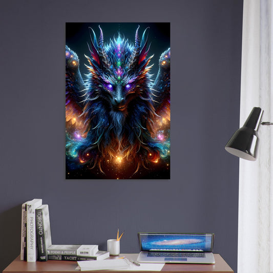 Metal poster of a dark, winged creature with glowing eyes and luminous highlights, set against a black, cosmic void.