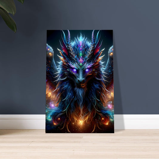 Artwork of a luminous-eyed mythical creature with intricate details set against a dark, shadowy background.