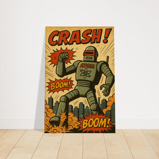 Vintage comic artwork of giant atomic robot attacking a retro city with explosions and BOOM text in halftone style.