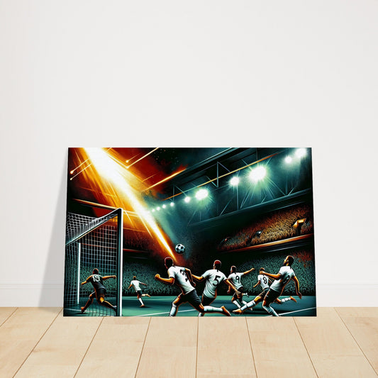 Canvas print of a football player taking a powerful shot with players and crowd reacting under stadium lights.