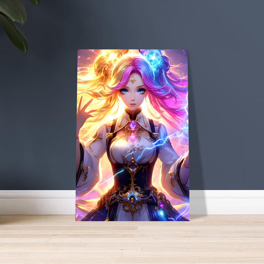 Anime-style elemental guardian with multicolored hair and glowing lightning artifacts, surrounded by a storm on a vivid cosmic metal poster.