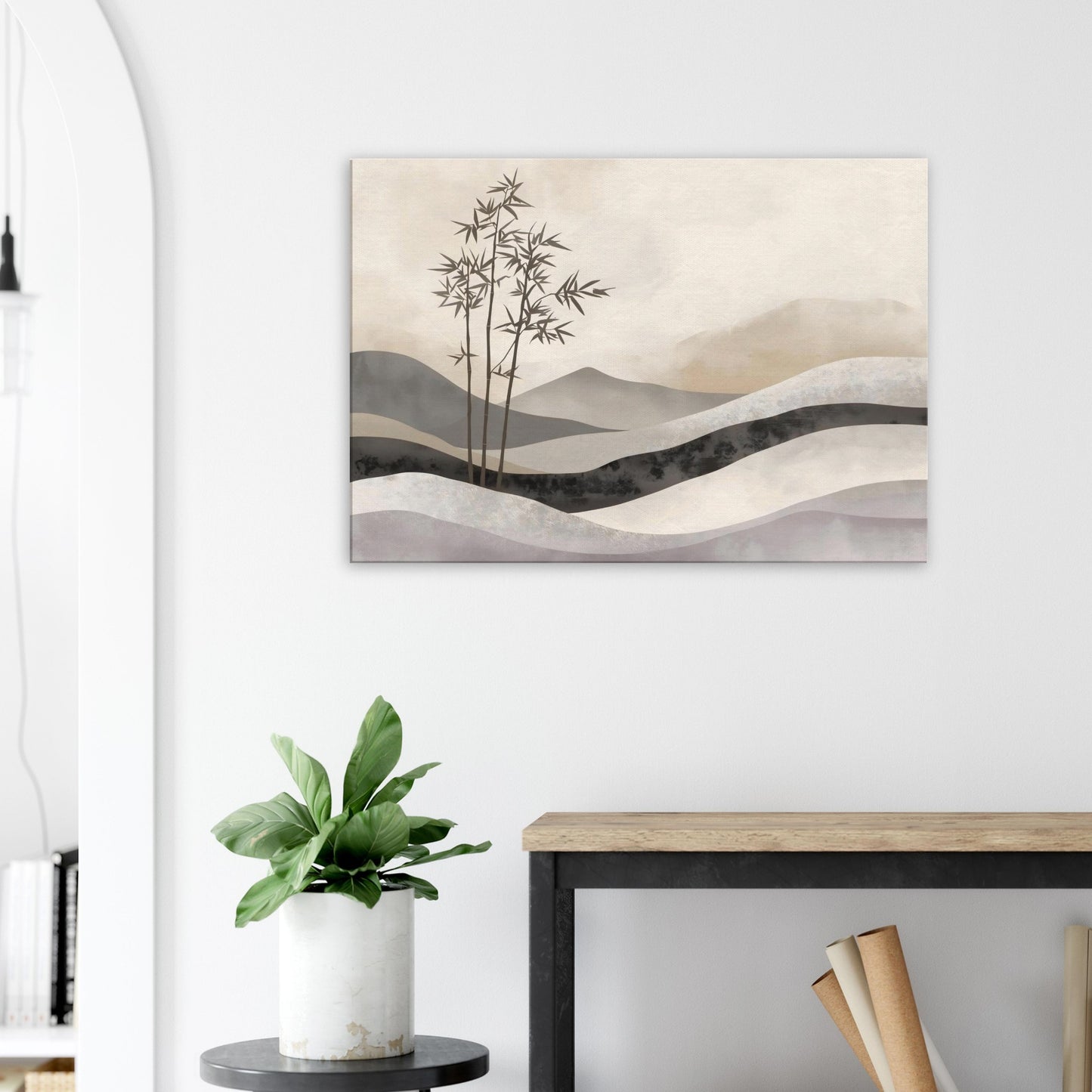 Landscape canvas with horizontal bamboo, cream, taupe, and pale lavender layers evoking Japandi balance.
