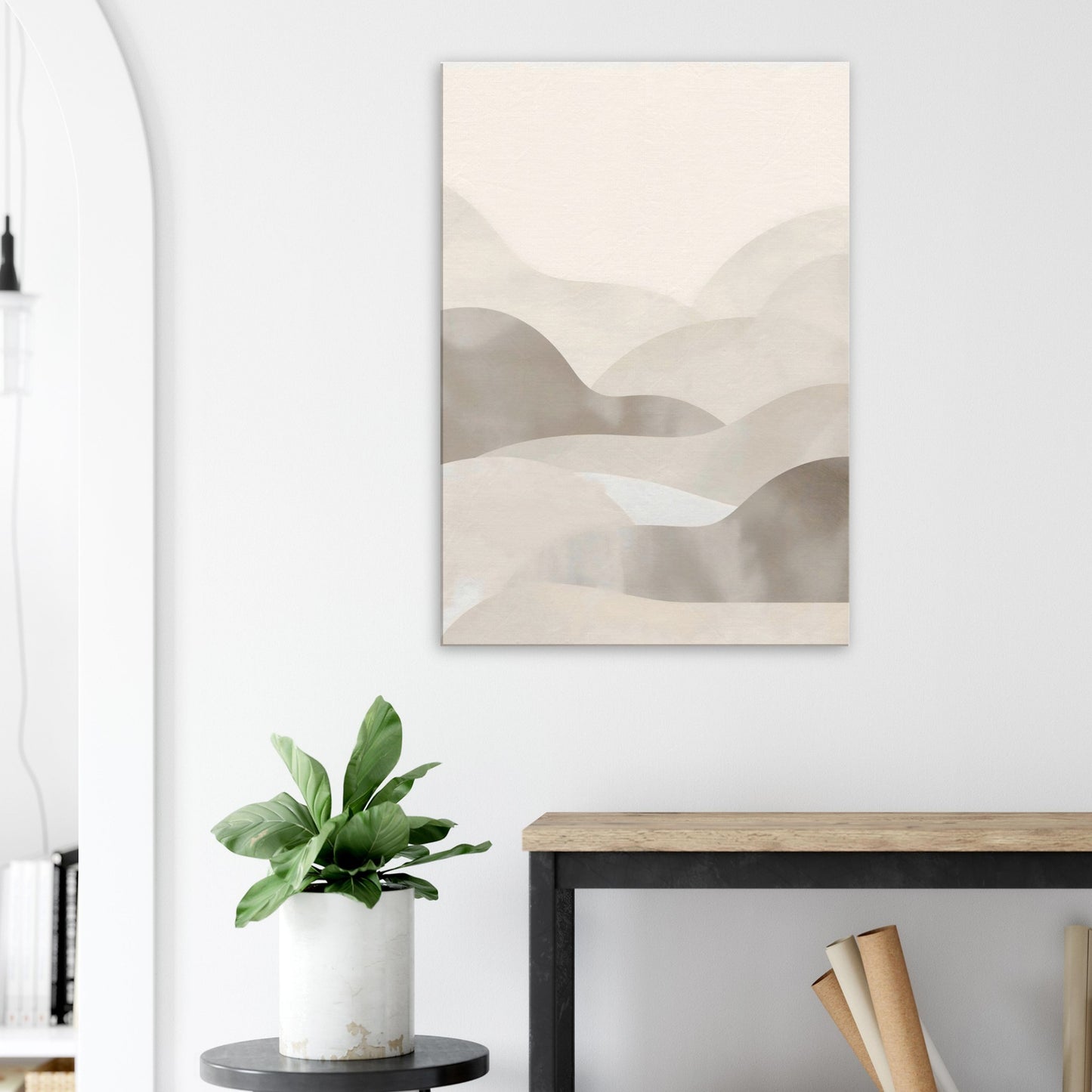 Modern Portrait canvas with vertical pale grey, bamboo, cream, and taupe layers evoking Japandi calm.