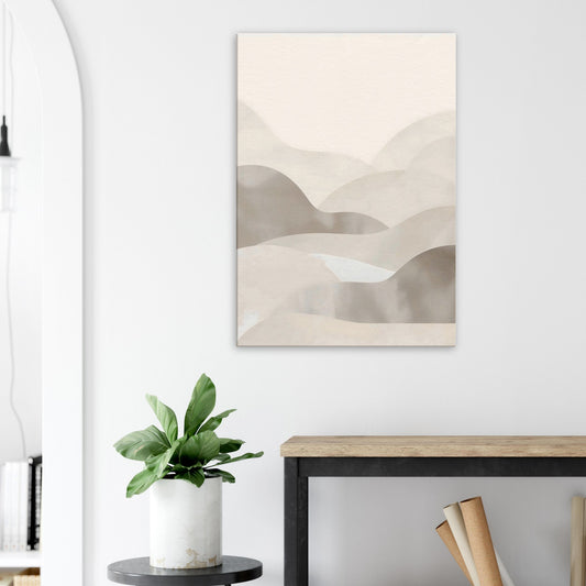 Modern Portrait canvas with vertical pale grey, bamboo, cream, and taupe layers evoking Japandi calm.