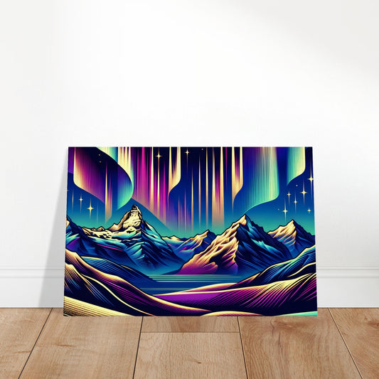 Bright pop art-style aurora lights over outlined mountain peaks with vivid colors and a dramatic night sky.