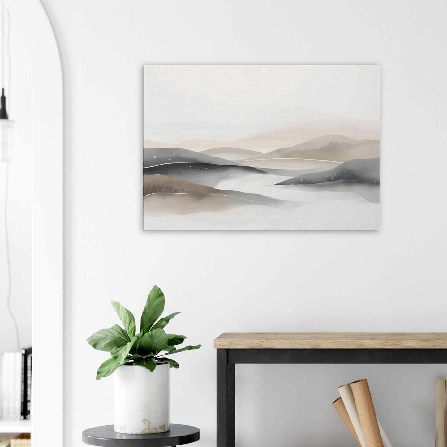 Landscape canvas with off-whites, soft cream, and muted grey horizontal layers evoking aurora.