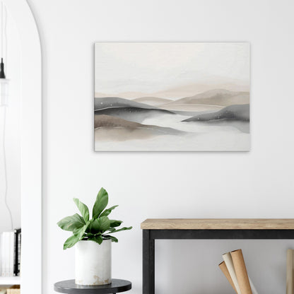 Landscape canvas with off-whites, soft cream, and muted grey horizontal layers evoking aurora.