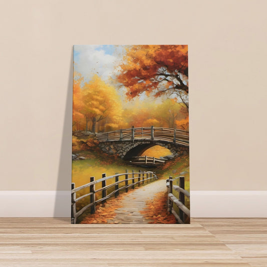 Stone bridge over a stream with vibrant fall foliage, a wooden fence, and fallen leaves along a country path on a clear autumn day.