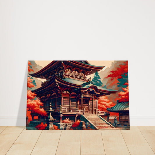 Japanese shrine with tiered roof surrounded by red-orange maple trees under soft autumn light.