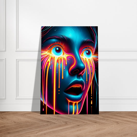 Portrait of a wide-eyed subject with an expression of wonder and glowing paint accents in a surreal, expressive style.