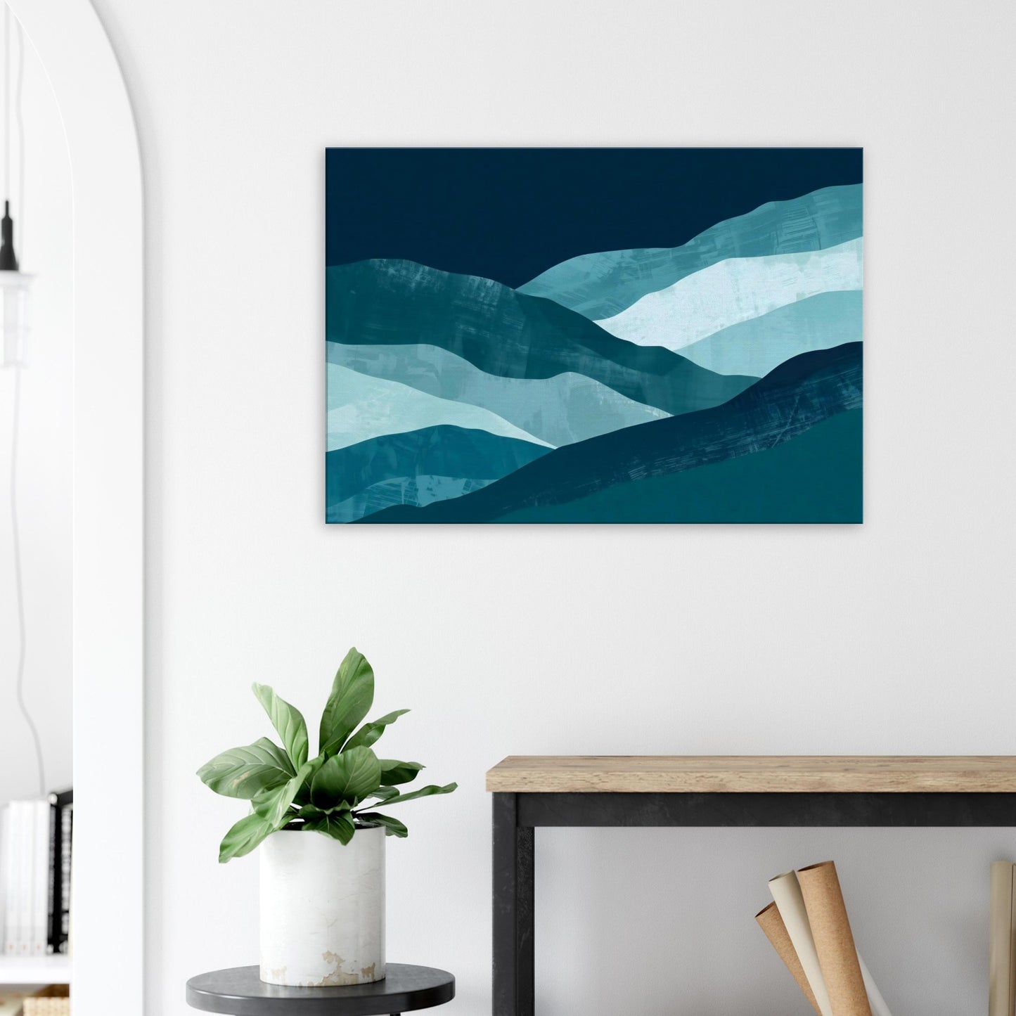 Landscape canvas with horizontal abstract layers of deep navy, turquoise, and soft aqua forming water-inspired textures.