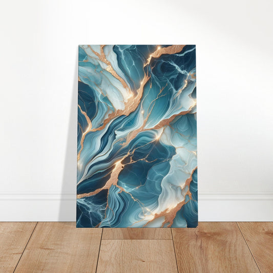 Azure blue marble wall art with platinum and white veining and a polished finish for a luxurious, ocean-inspired look.