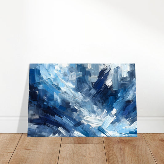 Abstract canvas with swirling brushstrokes in navy and azure blues, suggesting fluid motion and oceanic depth.