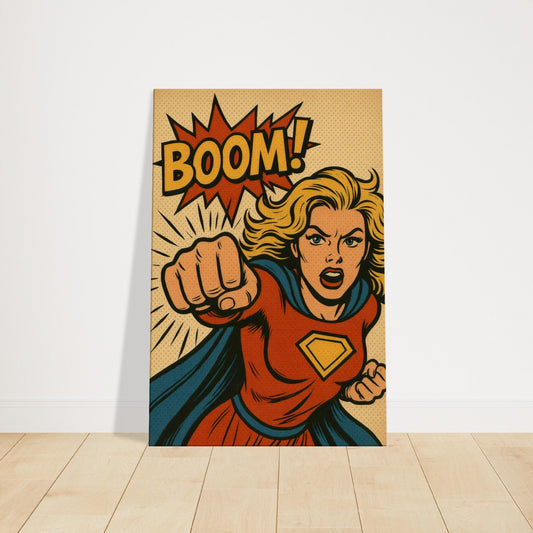 Vintage comic book artwork of blonde superheroine punching forward with BOOM text and halftone dots.