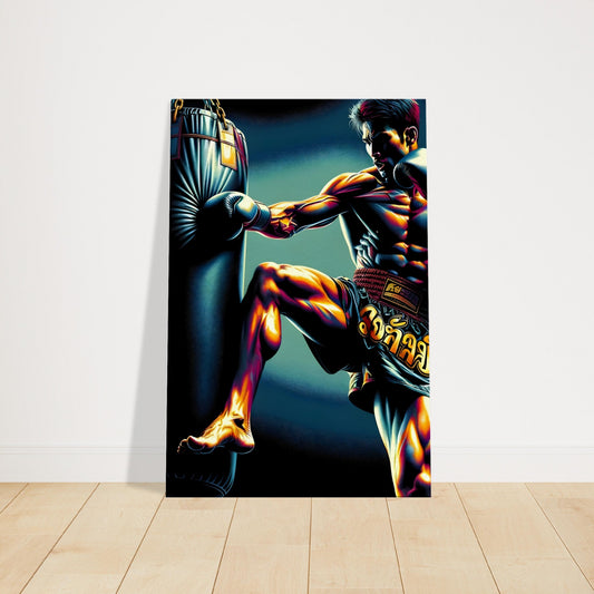 A Muay Thai fighter mid-kick hitting a suspended heavy bag, muscles defined by dramatic lighting.