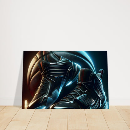 Basketball and glowing high-top sneakers on a dark background with subtle wood floor detail, symbolizing the essence of the sport.