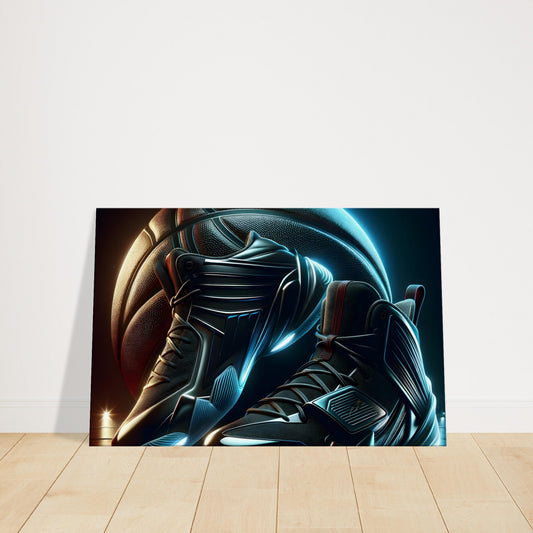Basketball and glowing high-top sneakers on a dark background with subtle wood floor detail, symbolizing the essence of the sport.