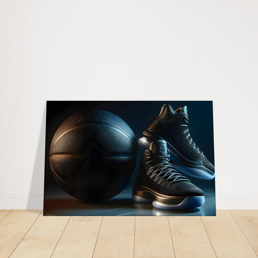 Minimalist artwork featuring a textured basketball and modern sneakers under soft lighting on a polished court floor.