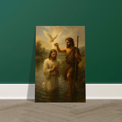 Jesus being baptised by John in the Jordan River with dove descending and radiant golden light, 2:3 portrait.