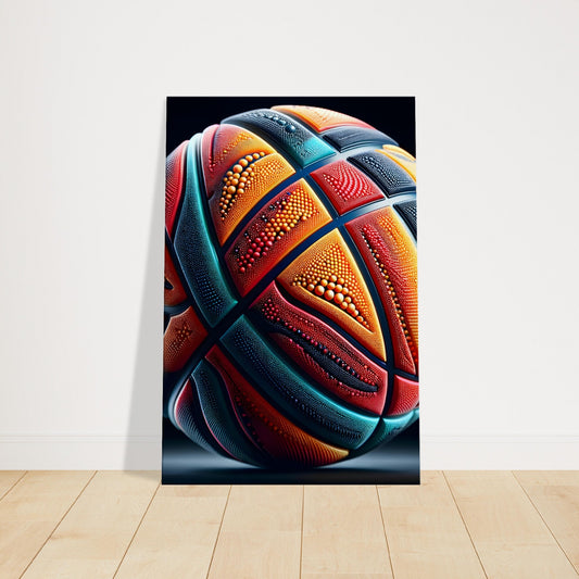 Vibrant basketball artwork with colorful panels, intricate patterns, and dynamic textures illuminated by dramatic light.