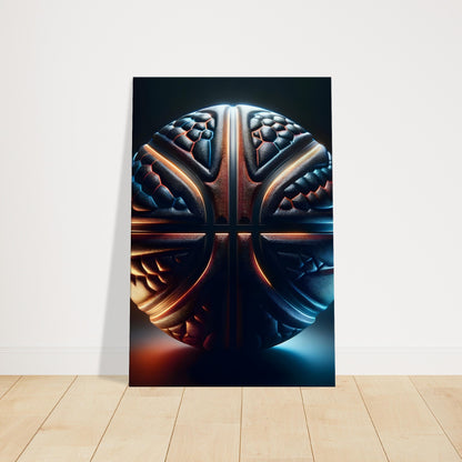 Basketball artwork featuring embossed surface detail with warm and cool lighting, creating dramatic shadow and texture.